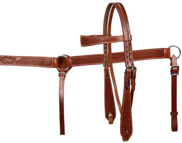 Showman Double Stitched Leather Wide Browband Bridle and Breastplate Set with Basketweave and Floral Tooling