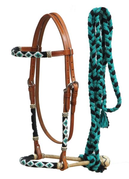 Showman Turquoise/Black Beaded Bosal Headstall with Mecate Reins