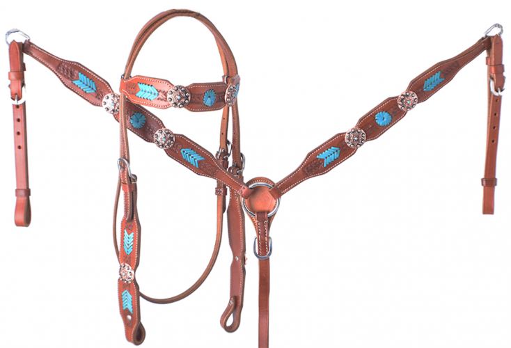 Showman Bridle and Breastplate Set with Turquoise Rawhide Accents