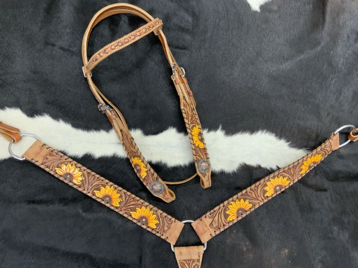 Showman Bridle Breastplate Set with Flower Gems and Painted Sunflowers
