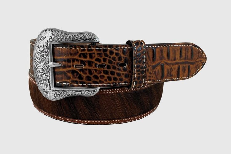 Roper Mns Belt 11/2 Embossed Leather Hair On Butternut - Clearance