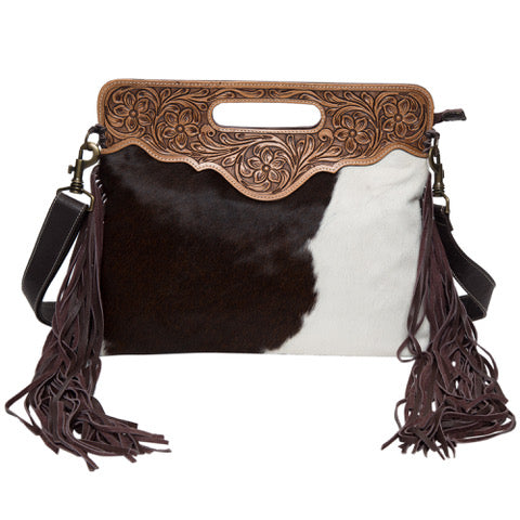 The Design Edge Cusco Tooling Leather Cowhide Bag with Fringes