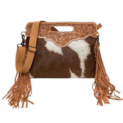 The Design Edge Cusco Tooling Leather Cowhide Bag with Fringes