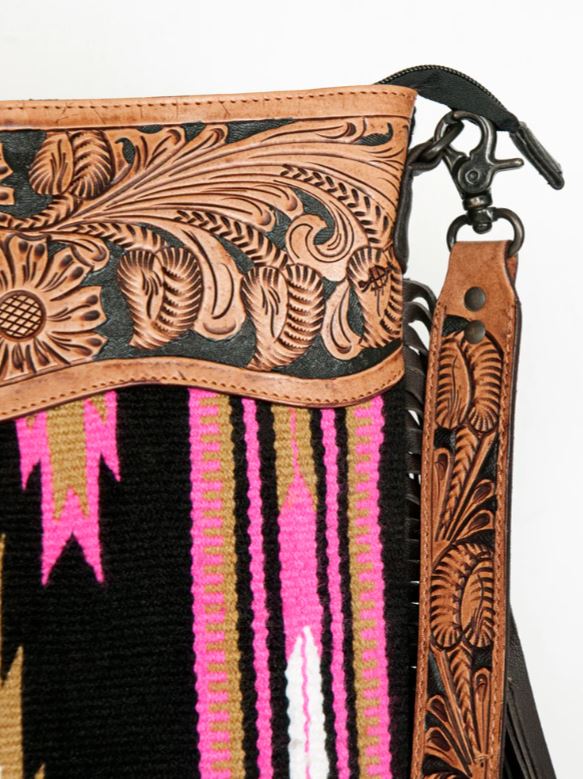 American Darling Saddle Blanket Tooled Fringe Handbag