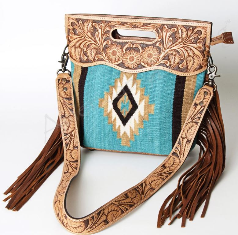 American Darling Saddle Blanket Tooled Fringe Handbag