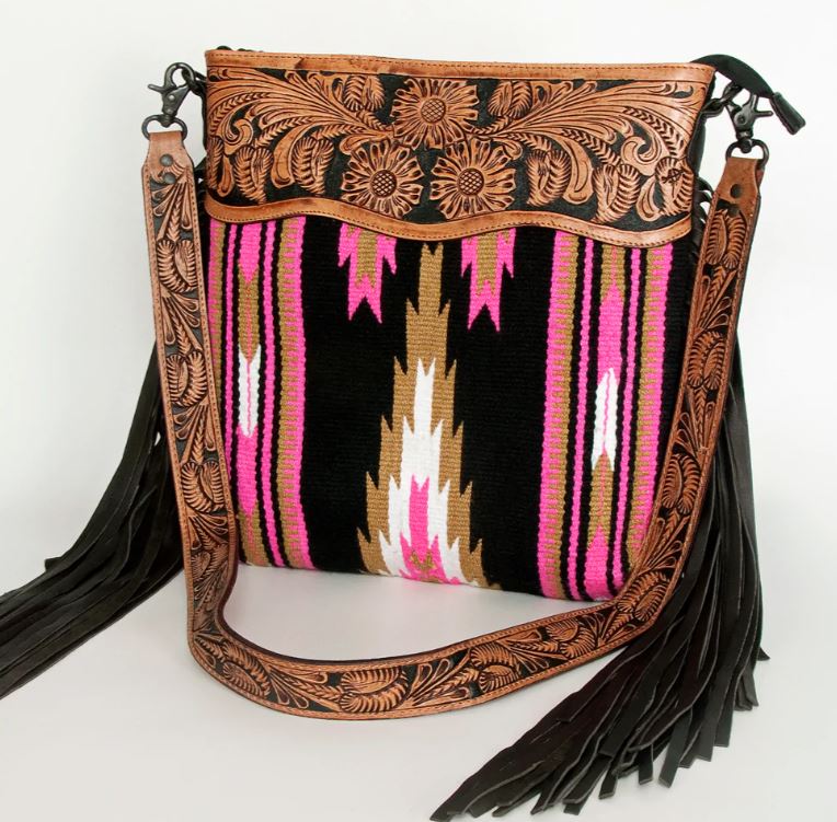 American Darling Saddle Blanket Tooled Fringe Handbag
