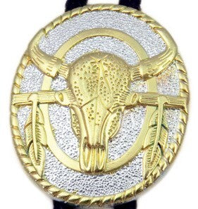 Silver Head with Feathers - Gold on Silver Metal - Bolo Tie
