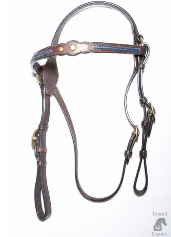 Toprail Leather Show Bridle With 3 Studs And Blue Plait
