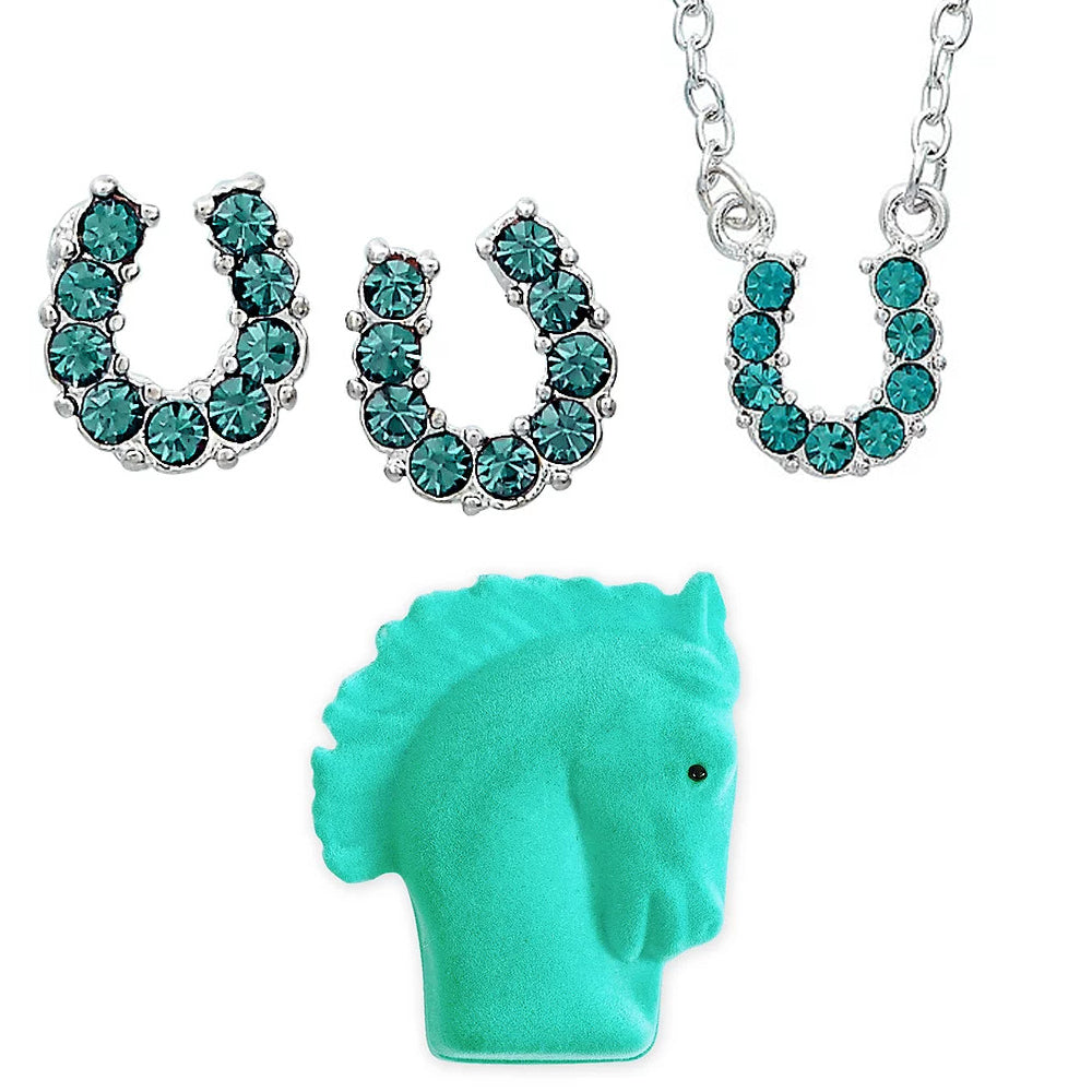 Aqua Rhinestone Horseshoe Jewelry Set - Earrings And Necklace
