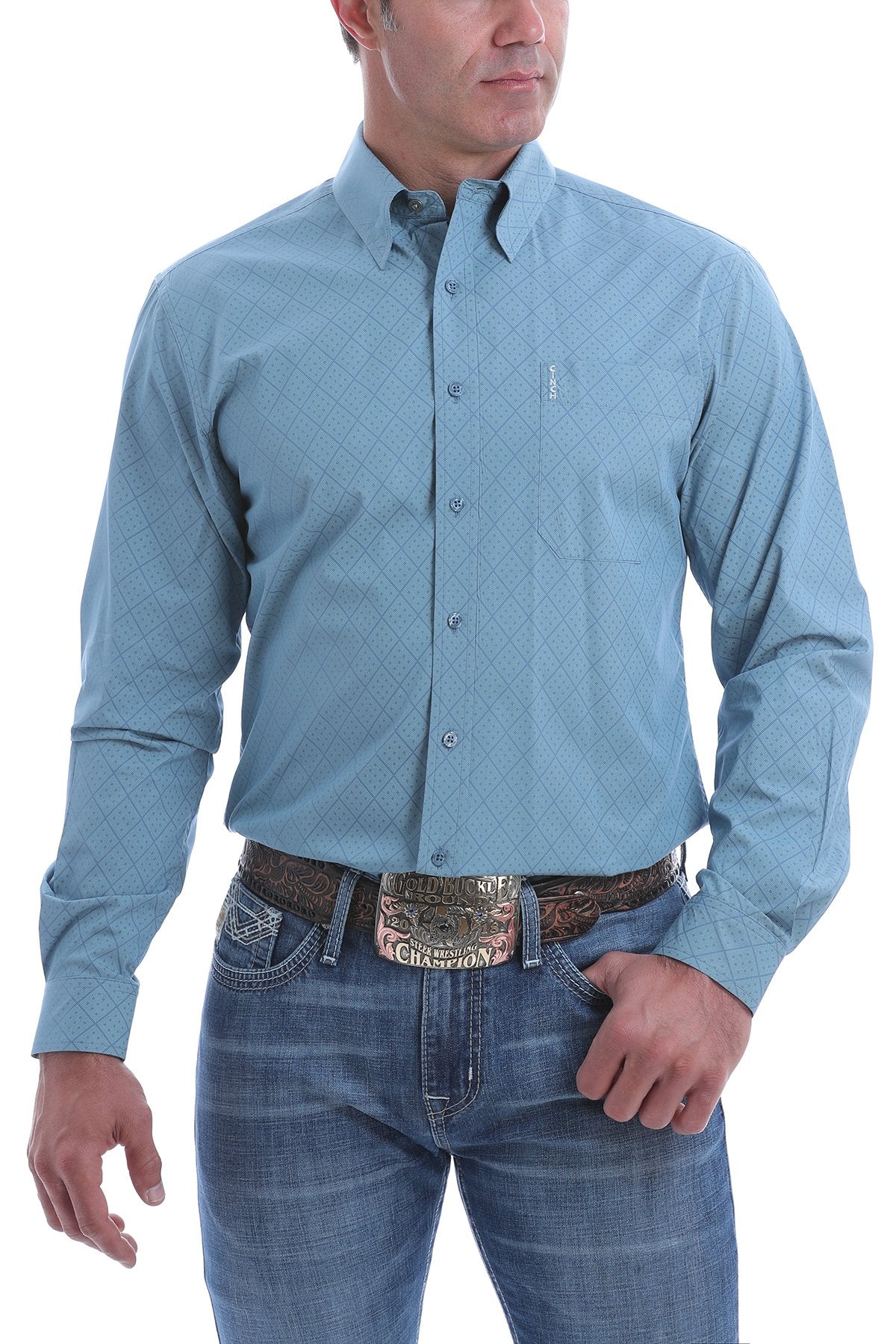 Cinch Mens Modern Fit Blue Geometric Diamond Print - EOFY Sale
