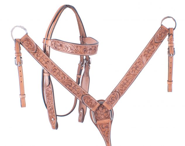 Showman Light Brown Leather Bridle and Breastplate set with Floral Tooling