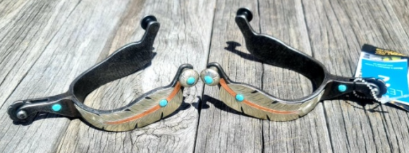 Toprail Feather Shank Spurs - Copper and Turquoise Feather Motif