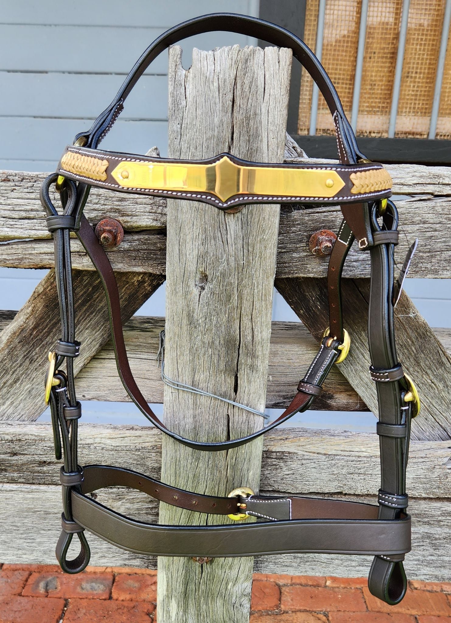Toprail Diamond Show Brass Plated Leather Bridle with Gold Pait