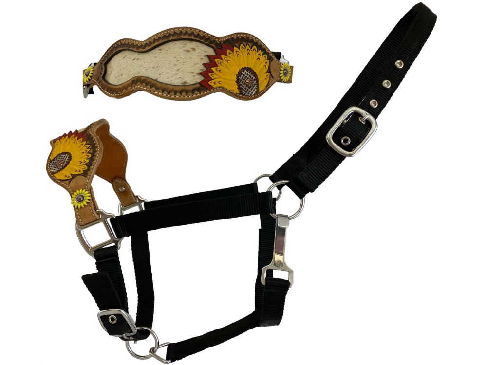 Showman Bronc Halter with Painted Sunflower and Cowhide Inlay
