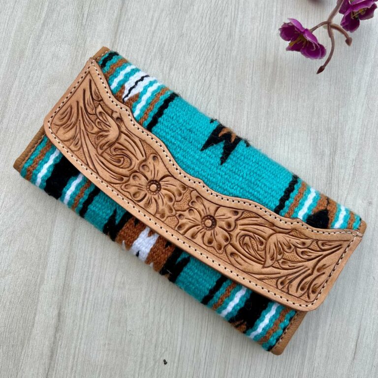 The Design Edge Turquoise Saddle Blanket Trifold Wallet Tooled Leather