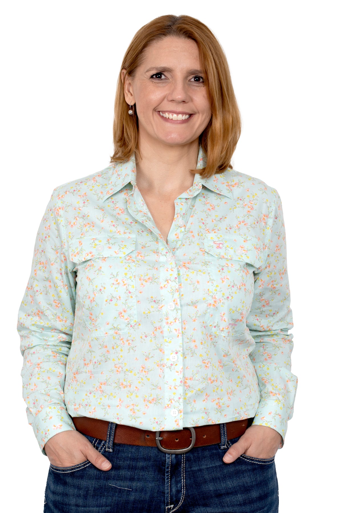 Just Country Abbey Full Button Print Workshirt Spearmint Wax Flowers - Black Friday Sale