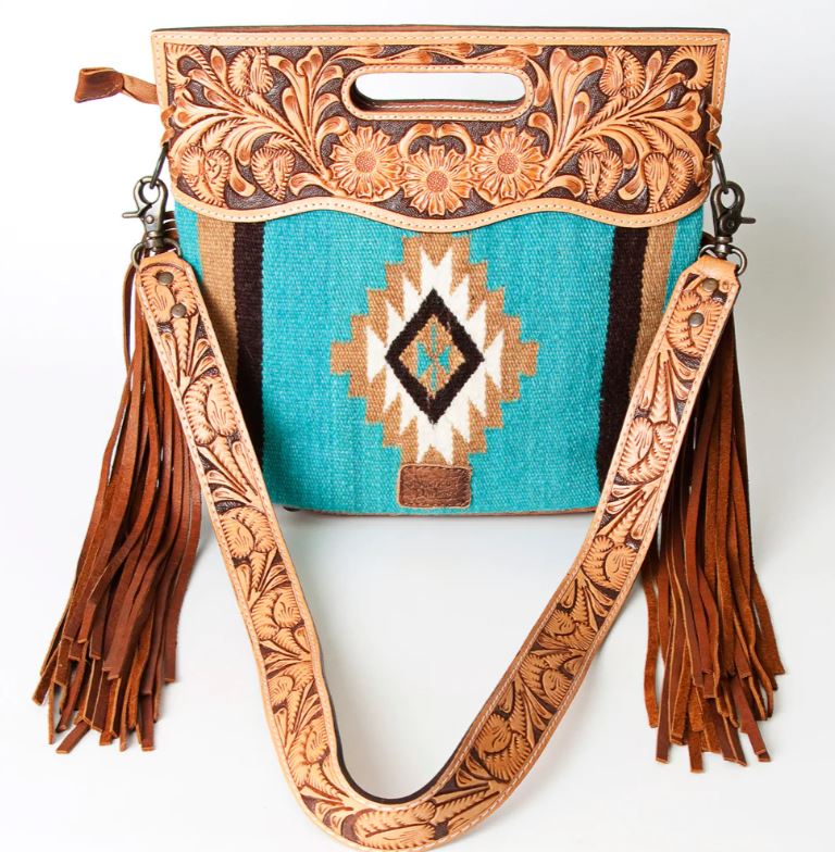 American Darling Saddle Blanket Tooled Fringe Handbag
