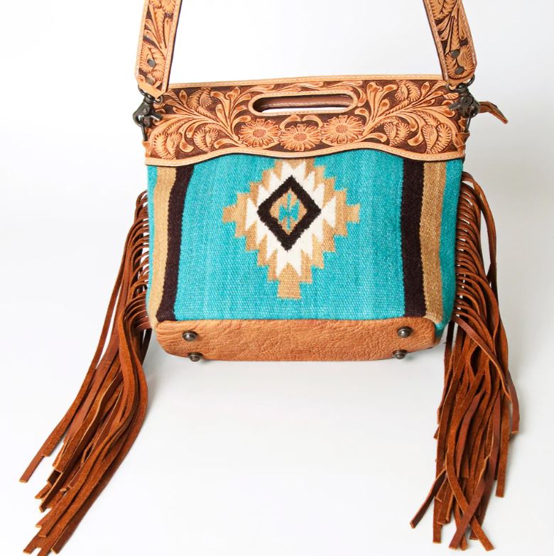 American Darling Saddle Blanket Tooled Fringe Handbag