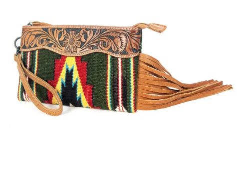 American Darling Clutch Saddle Blanket Fringe Carved Leather Wristlet - Black Friday Sales