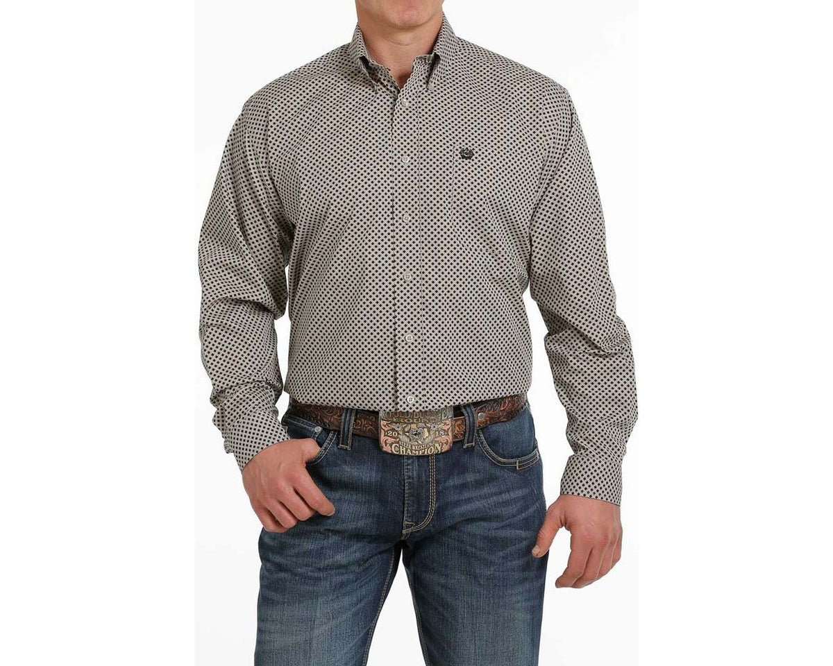 Cinch Mens Cream Grey Geometric Print Shirt