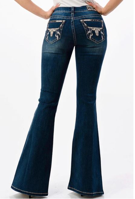 Grace in LA Womens Easy Fit Steerhead Pocket Flare Jeans - CLEARANCE