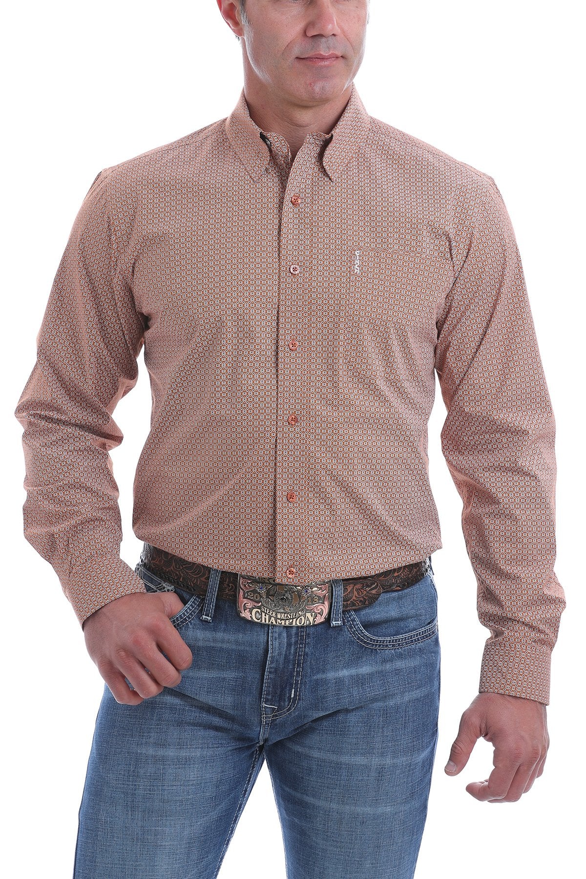 Cinch Mens Modern Fit Copper, Charcoal And Cream Micro Geometric Print Shirt - Black Friday Sale