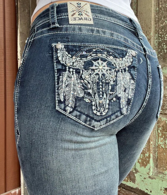 Grace in LA Embroidered Steer Head Jeans