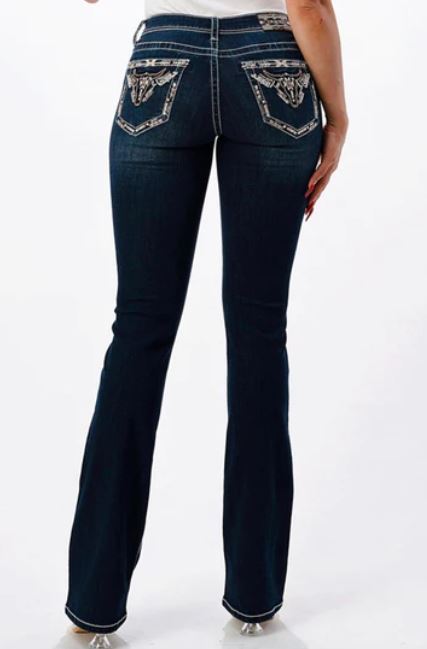 Grace in LA Womens Easy Fit Dark Wash Steerhead Pocket Boot Cut Jeans EBS576 - CLEARANCE