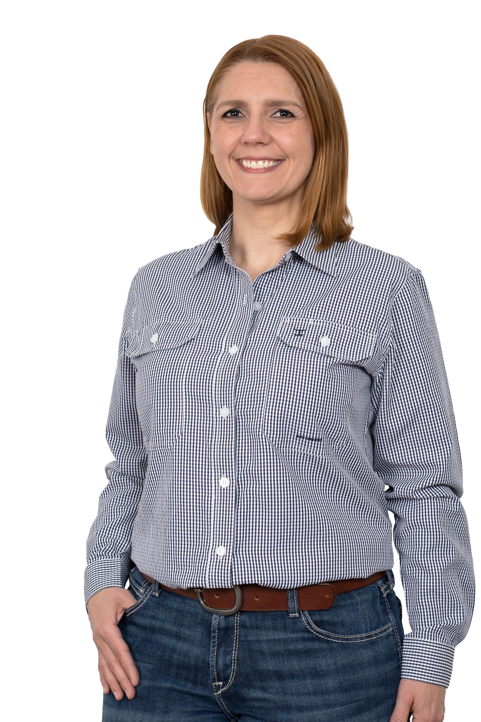 Just Country Wmns Abbey Full Button Print Workshirt Navy/White Mini Check