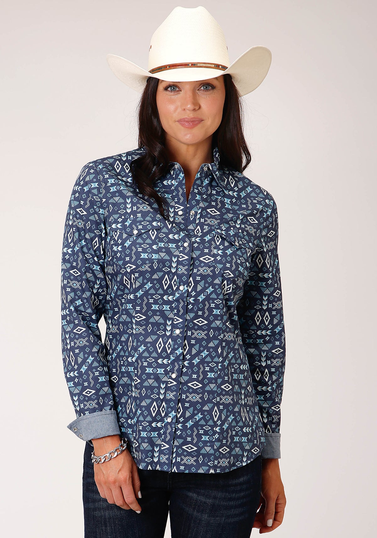 Roper Wms West Made Collection LS Shirt Print Blue - Black Friday Sale