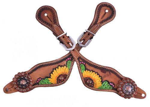 Showman Ladies Hand Painted Sunflower and Cactus Design Spur Straps - EOFY Sale