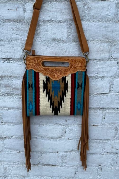 The Design Edge Grey Tooled Saddle Blanket Sling Bag